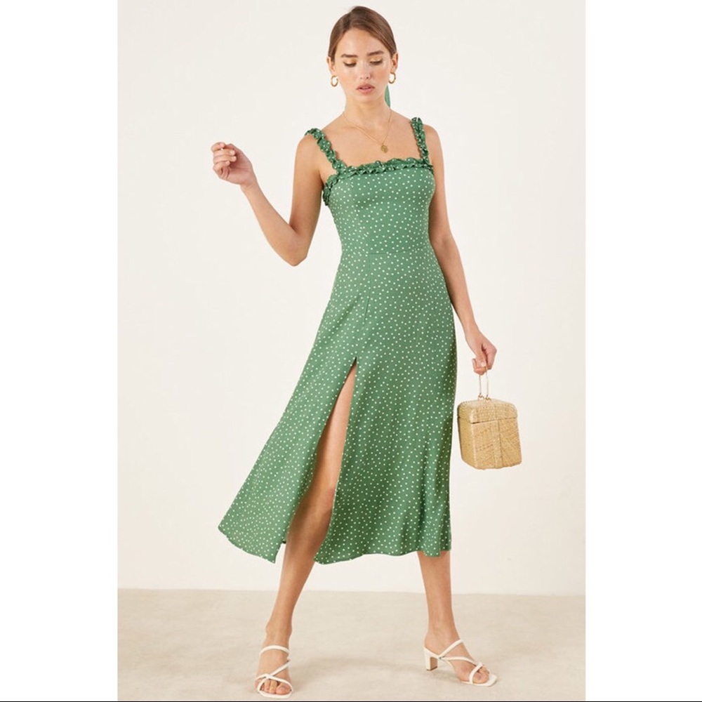 Reformation Green Polka Dot Midi Dress
